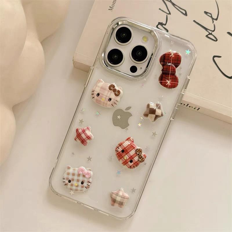Cartoon Kt Cat Plaid Bow Star Mobile Phone Case For Iphone17Promax Transparent Apple 15 Glitter