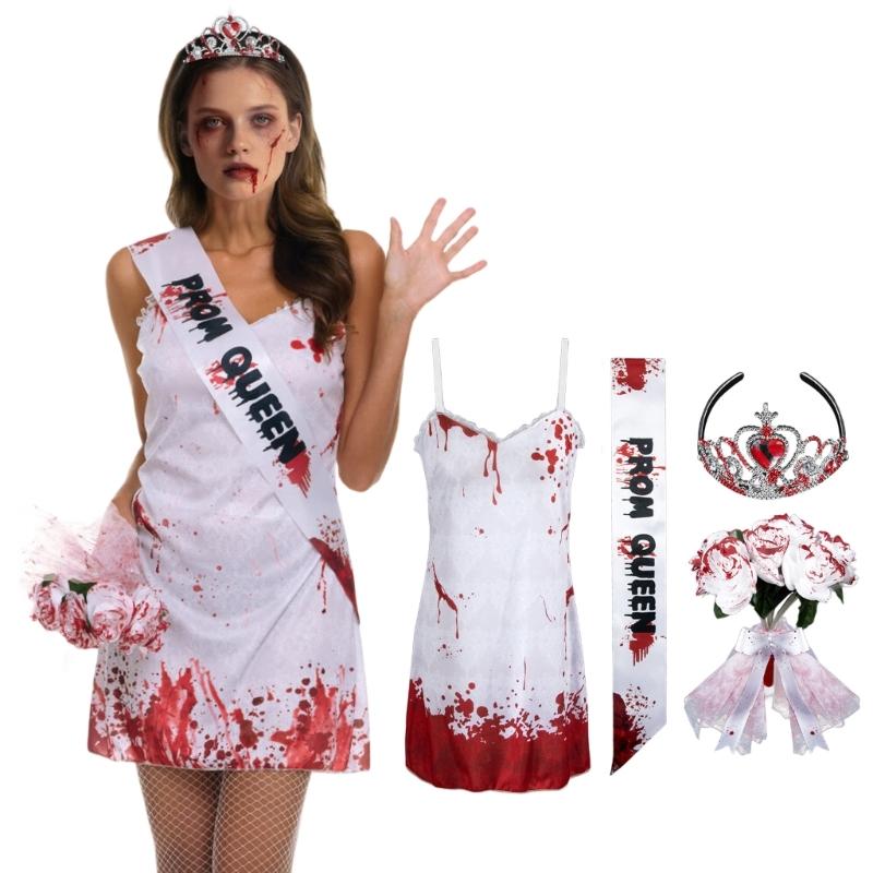 Halloween Abschlussballkönigin Kostüm Blutiges Nachthemd Kleid Abschlussballkönigin Schärpe Kronen Stirnband Cosplay Verkleidungsparty Zubehör