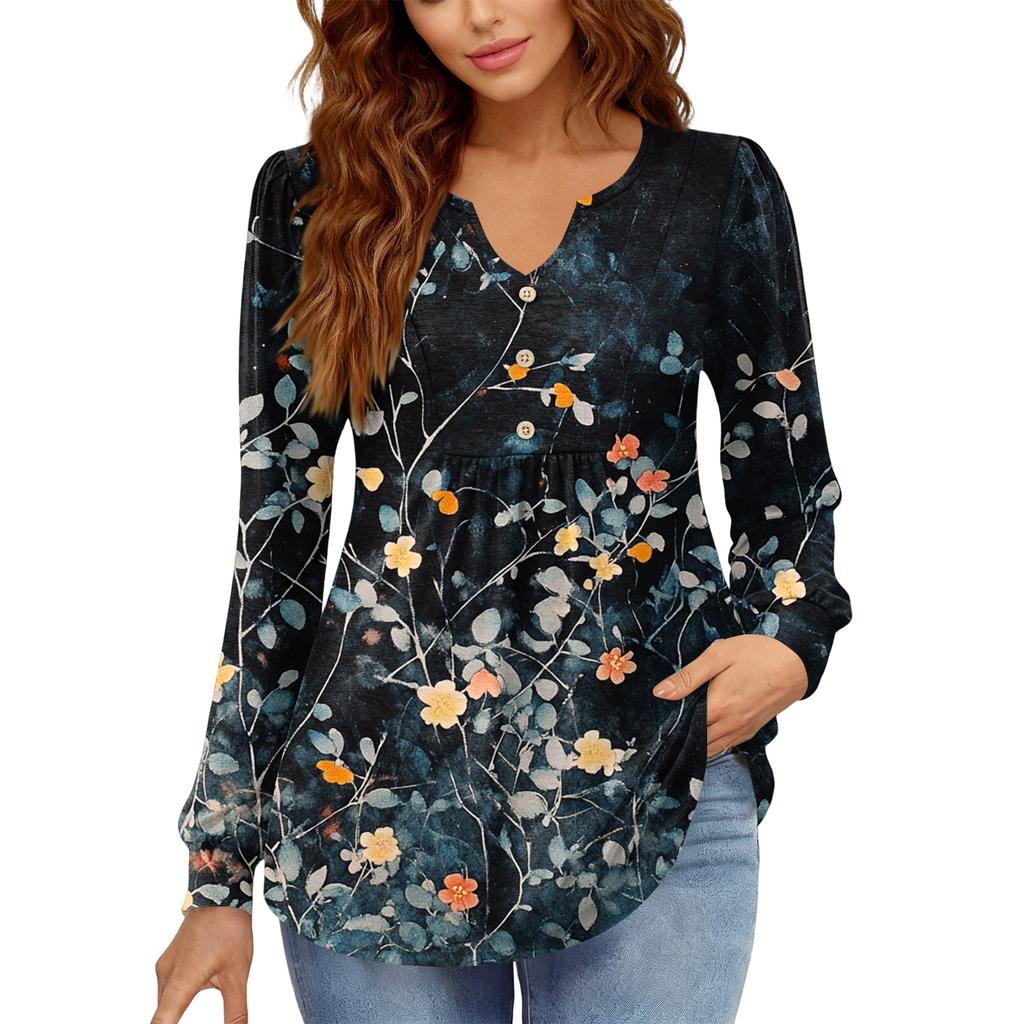 Γυναικείο Χαλαρό, V-λαιμόκοψη, Ρετρό Χρώμα, Μπλοκ με Φλοράλ Σχέδιο, Μακρυμάνικο Πουλόβερ T-shirt