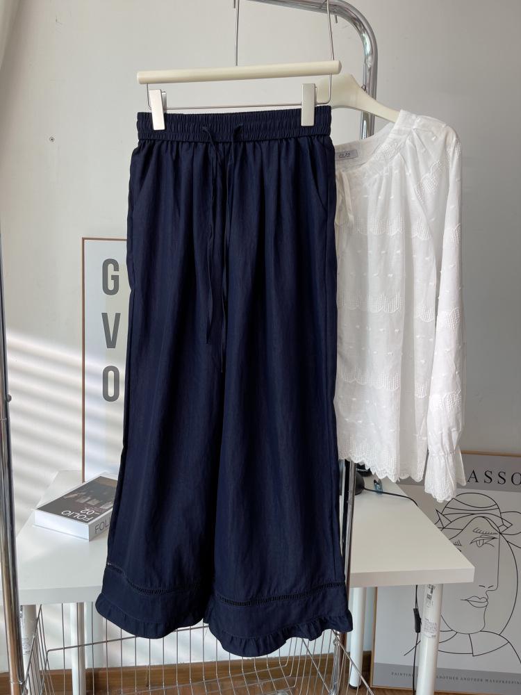 

2025 Trendy Slimming Wide-Leg Elastic Waist Hollow Out Patchwork Trousers for Women Large темно-синий
