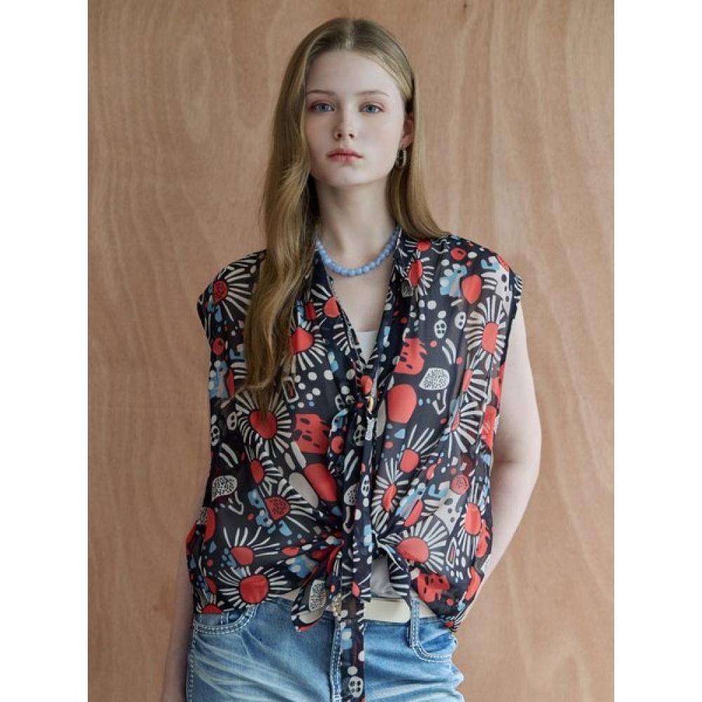 Maxza Art Flower Tie Sleeveless Blouse Zf08qb024nh