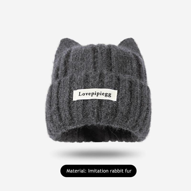 1Pc Cat Ear Knitted Beanies, Cute Winter Warm Wool Hats For Women, Korean Style Fashion Headwear