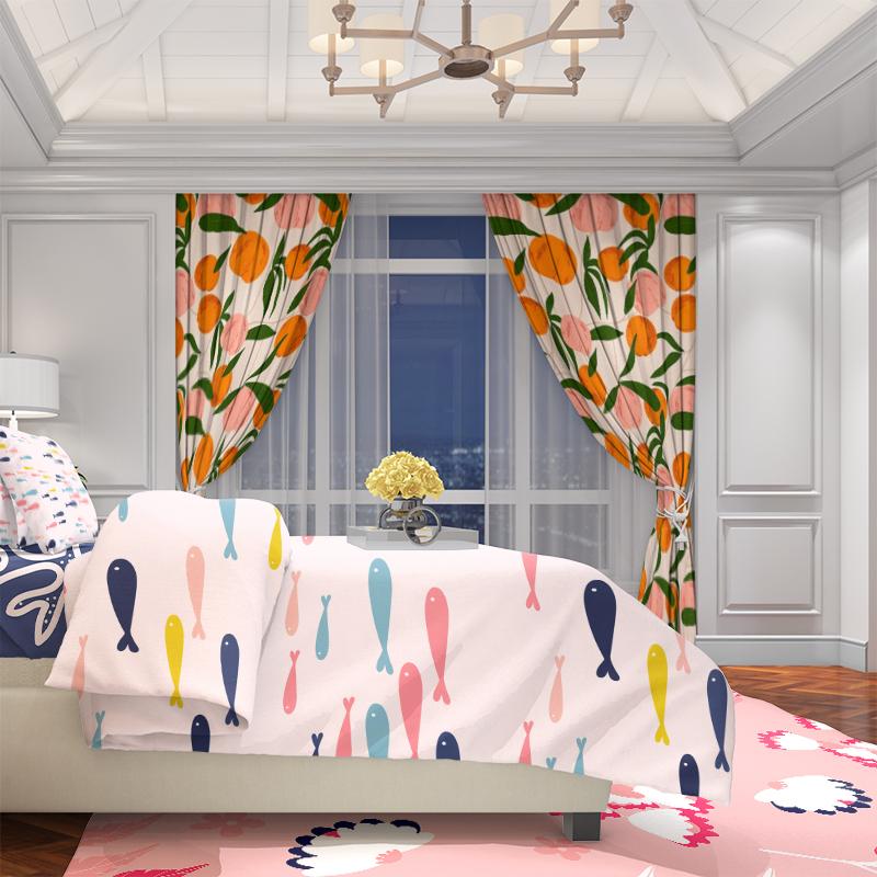 2pcs- Fresh Little Orange Polyester Curtains, Stick Bag Curtains 42*84, Bedroom, Living Room, Home Room Decoration