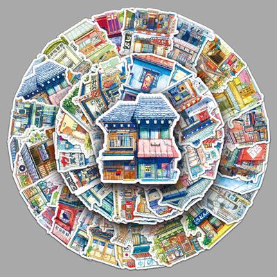 50 Japanese Street Stall Scenery Stickers: DIY Journal, Phone Case, Suitcase, Waterproof Decorative Set