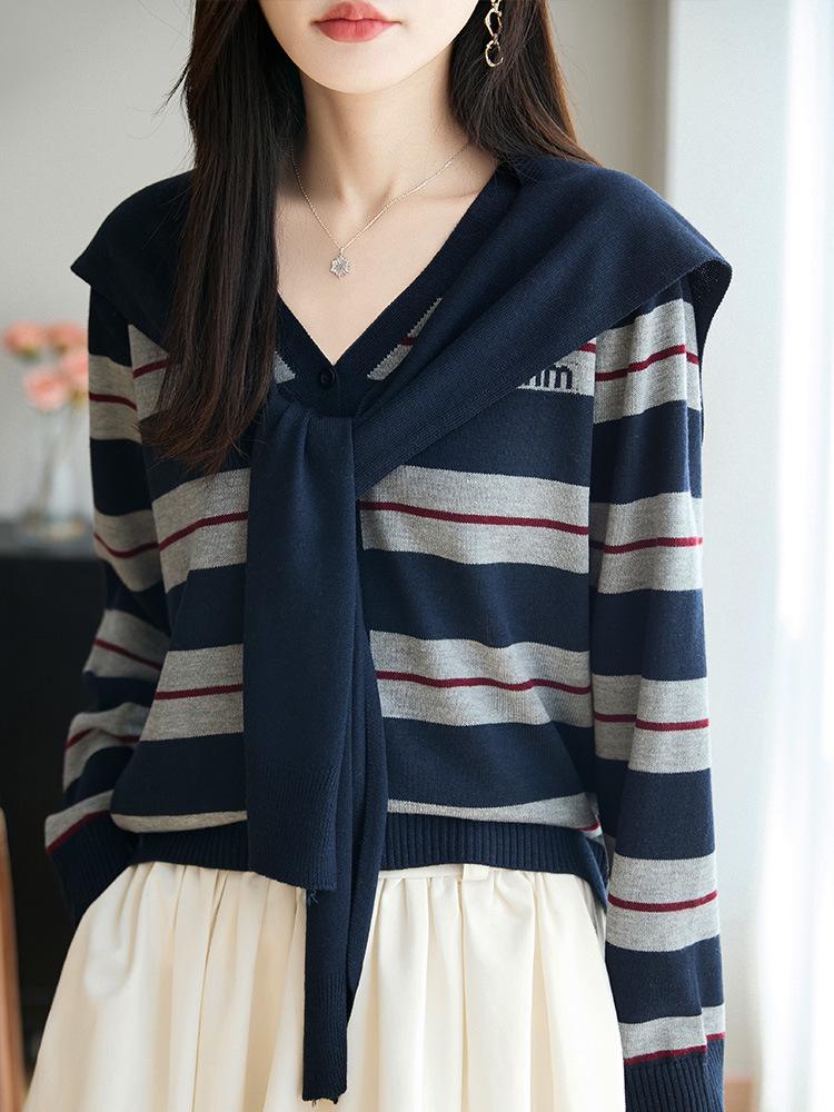 

Осень 2025 Кардиган-пальто вязаное с V-образным вырезом, свободного кроя, повседневное, с длинным рукавом, имитация двух предметов Large темно-синий