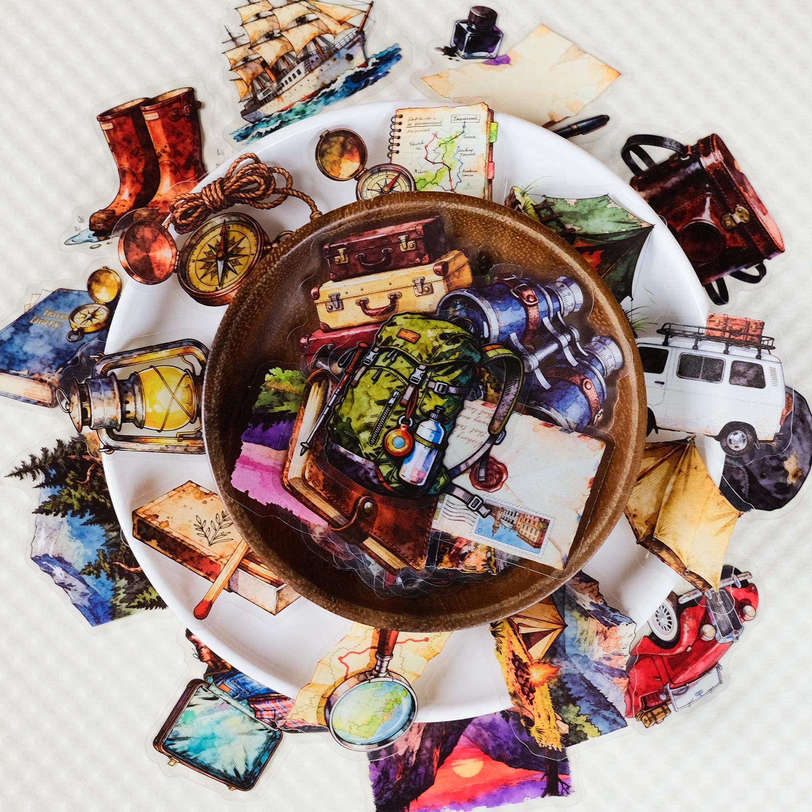 56 Travel Outdoor Retro Pet Stickers Transparent Texture Old Watercolor Adventure Equipment Landscape Stickers