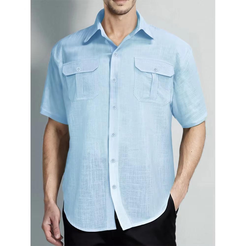 

Мужские рубашки из хлопка и льна с коротким рукавом и узором в тонкую полоску, летние дышащие мужские модные однотонные повседневные рубашки с отложным воротником на пуговицах L синий