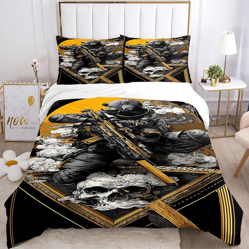 3pcs Golden Skull Tactical Gear Home Decor Bedding Set-Perfect for Bedroom, Guest Room, Living Room, Hotel Use-Ideal Gift for Fans, Traveler