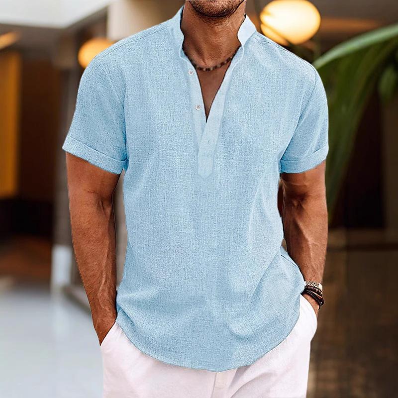 Men's shirt summer solid color stand-up collar men's semi-cardigan, linen short-sleeved shirt