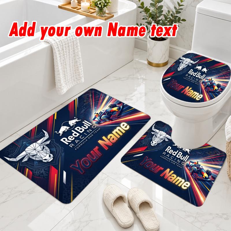 Personalized Red Bull Racing 3Pcs Flannel Toilet Mat Set Custom Text Bathroom Rug Non Slip
