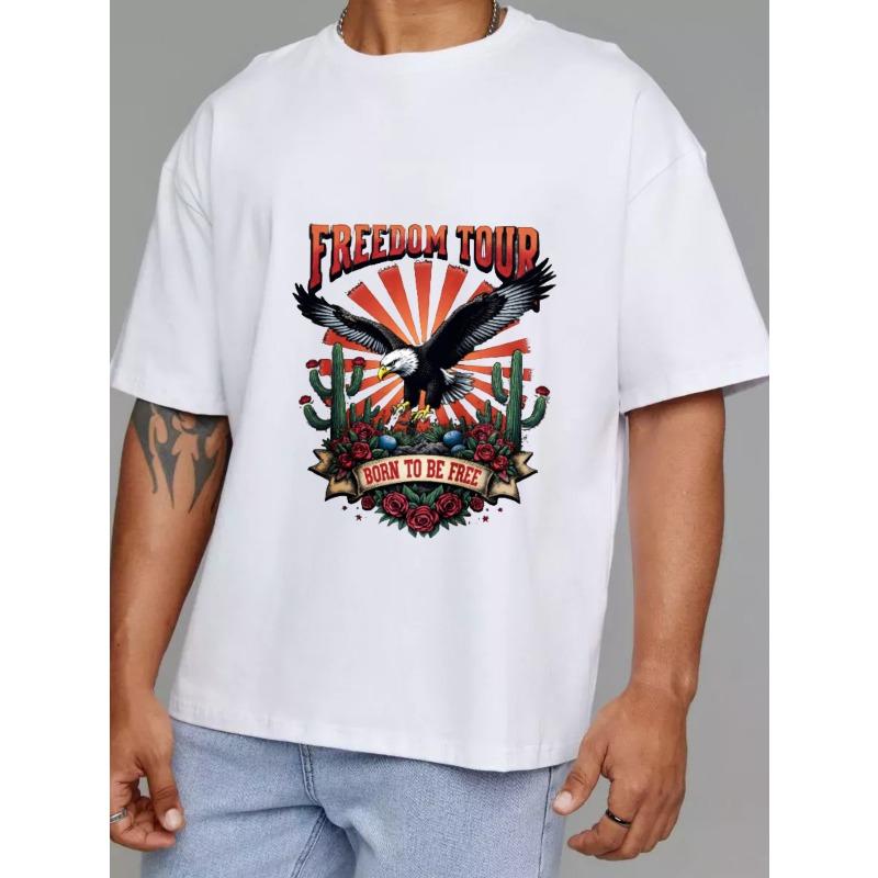 Freedom Tour T Shirt White Eagle Cactus and Roses Print Born To Be Free Text Graphic Tee for Casual Outfits and Outdoor Events