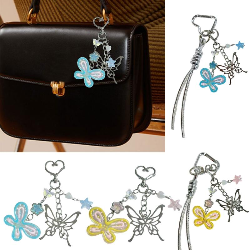 Hand Painted Butterfly Beaded Keychain For Bag Charm Spring Theme Double Tone Sparkling Jewelry Phone Accessory