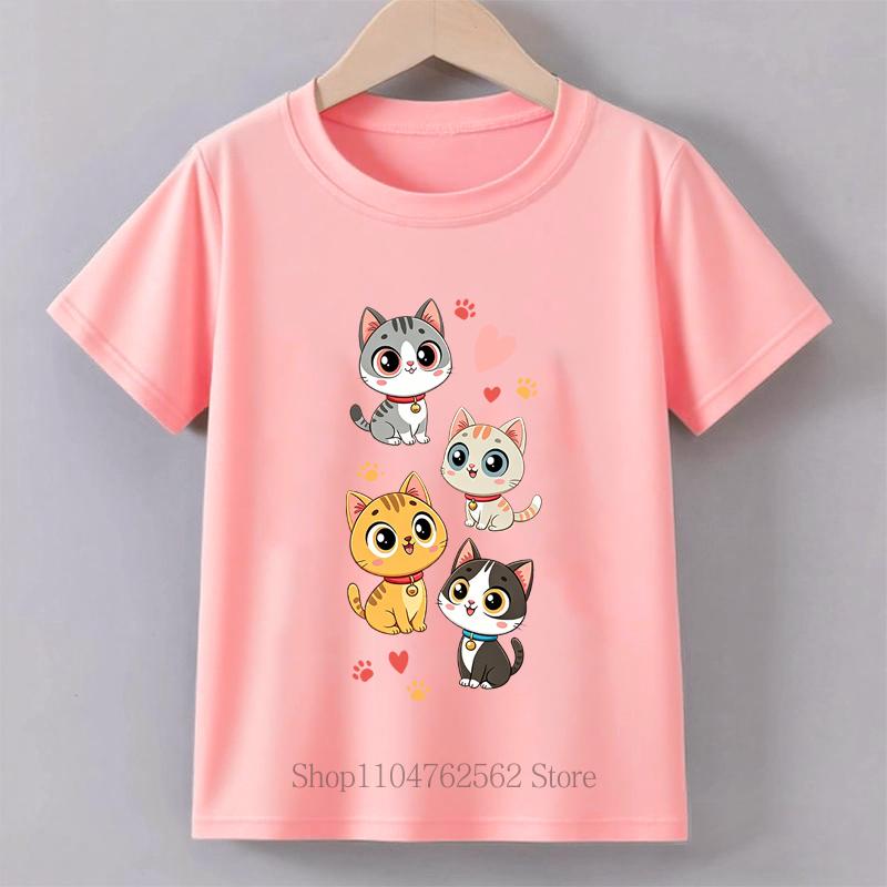 Four Cute Cats Print Tshirts for Girls Summer Casual Fashion Kids Colorful Comfortable Tops Children ONeck Short Sleeve Tees