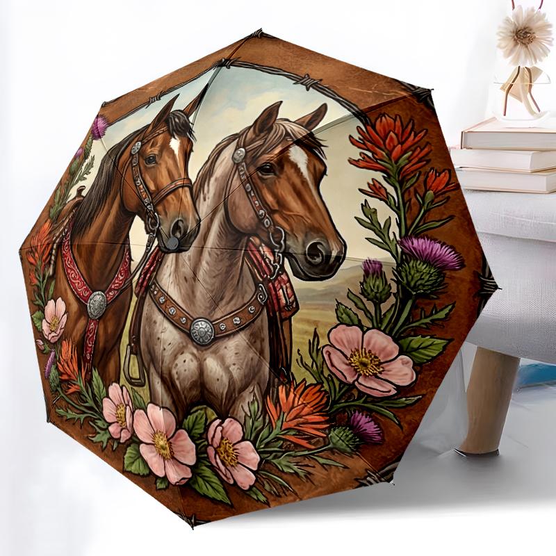 1pc Sturdy 8-Bone Auto Umbrella, Desert Floral Equine Horse Umbrella, Digital Printed, Foldable Umbrella for On-the-Go Outdoor Use