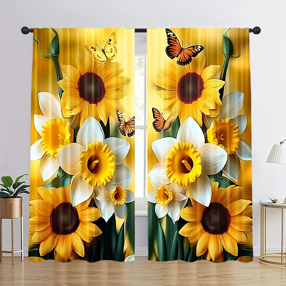 

2PC Sunflower & Butterfly Print Curtains – Polyester Pocket Rod Top for Bedroom Living Room Office – All-Season Home Decor 100*130 Rod Pocket 1pcs