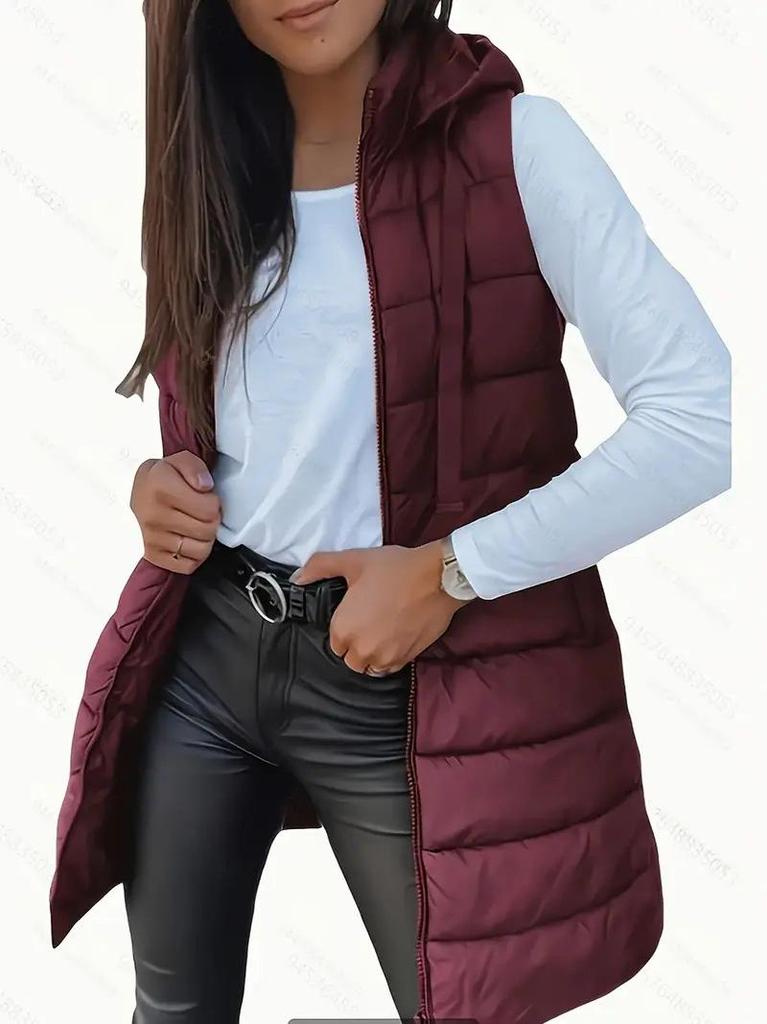 Women's Mid-Length Plus Size Solid Color Hooded Zipper Vest Jacket - Europe 2025 Collection