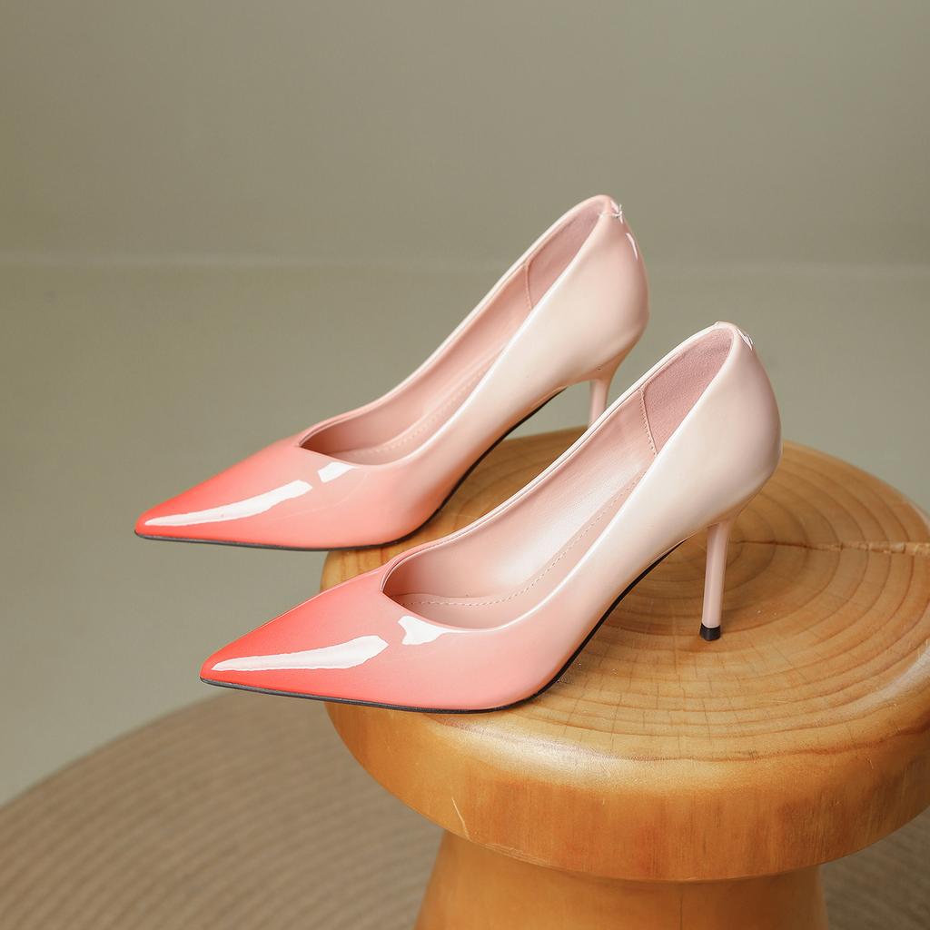Sexy versatile pointed high heels women's 2025 new fine heel fashion temperament gradual change color patent leather light mouth single shoes