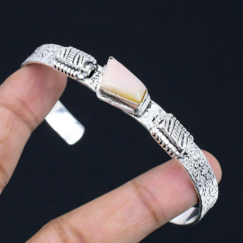 Natural Pink Opal Gemstone 925 Sterling Silver Bangle Adjustable For Women