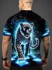 Men's 3D Printed Leopard T-Shirt with Glowing Blue Eyes and Cosmic Design – Casual Round Neck Summer Top for Outdoor Activities, Running, Gym, or Gift