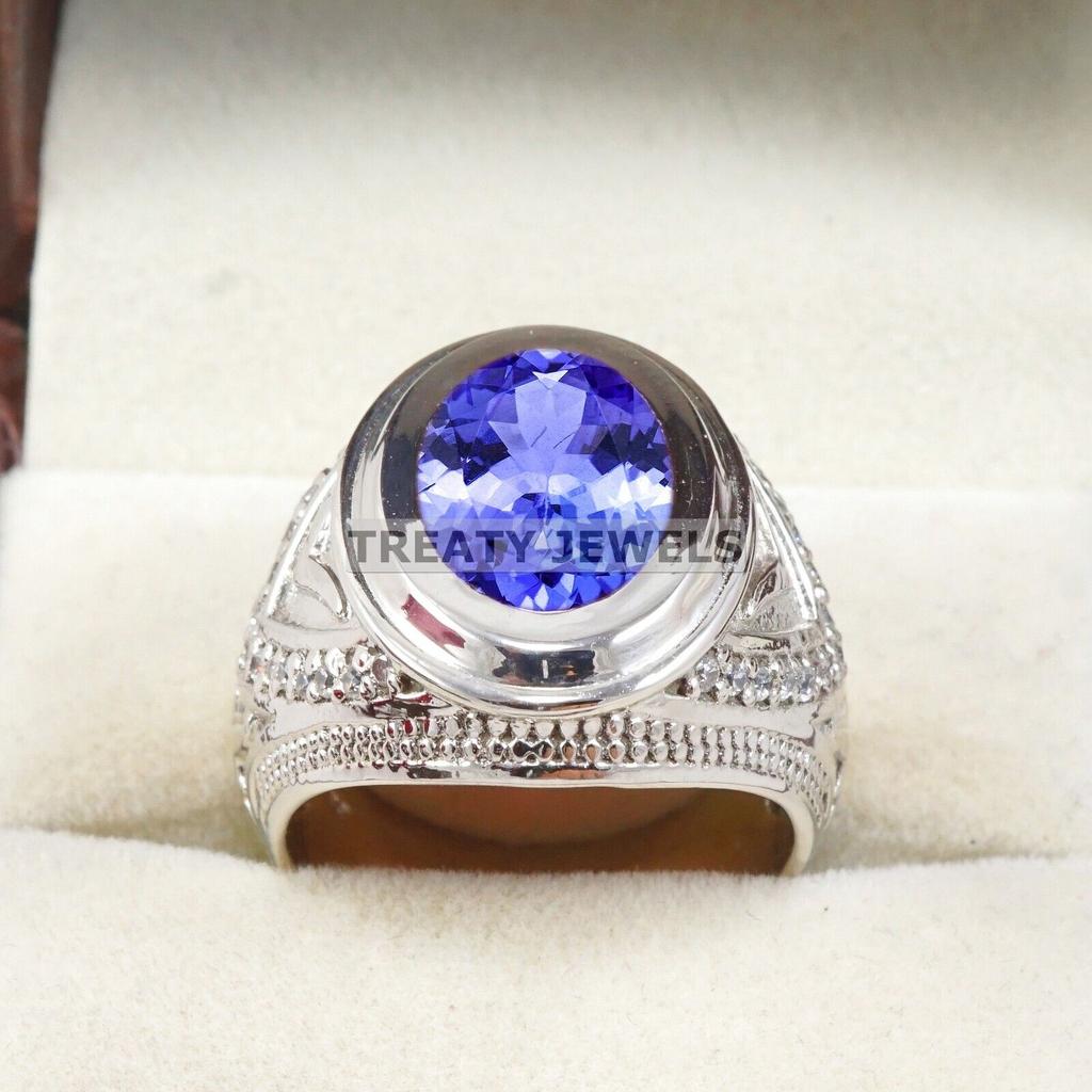 Tanzanite Oval Cut Gemstone With 925 Sterling Silver Ring For Men's #B684 JL375688168593