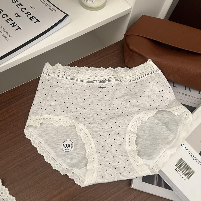 Ladies Autumn and Winter Lace Polka Dot Pure Cotton 10A Anti Bacterial Breathable High Waist Triangle Briefs
