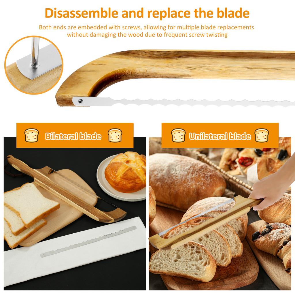 Bread Bow Cutter Serrated Bagel Cutter Stainless Steel Sourdough Bread Slicer Portable Bread Cutting Tool with Bamboo Handle