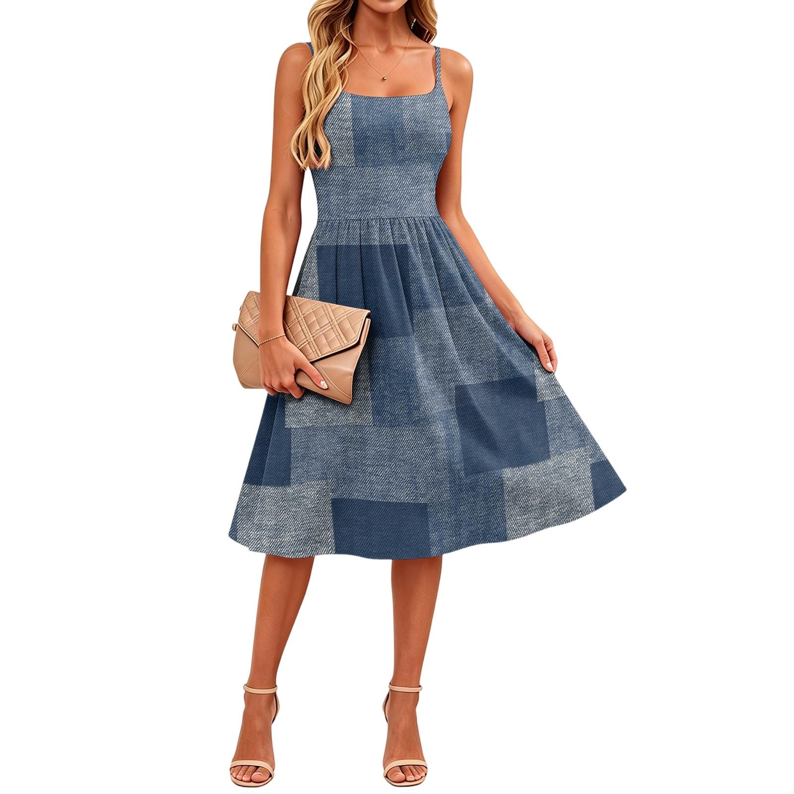 Sleeveless Adjustable Strap Plaid Dress with Pockets Casual A-Line Midi Dress for Women Summer Everyday Wear M синий