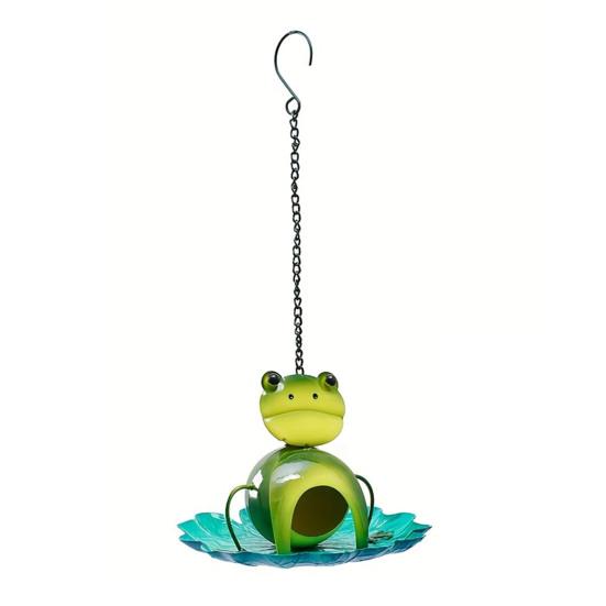 Frog Birds Feeder with Detachable Lotus Platform Tray Outside Hanging Metal Birds Feeding Station Outdoor Garden Yard Decoration