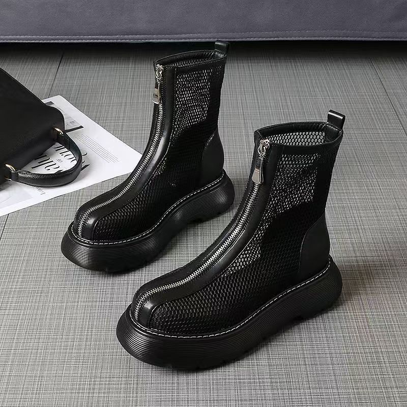 Women's Summer Thick Sole High Top Mesh Boots Block Heel Round Toe Hollow Out Lightweight Breathable Zipper Sandals Cool Boots