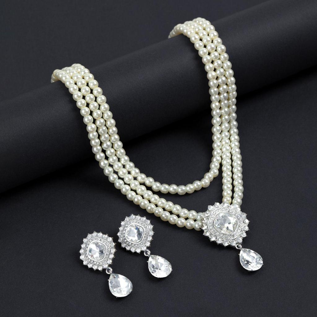 Elegant Luxurious Pearl Bridal Jewelry Set: Necklace & Earrings for Women - French Formal Wedding Style