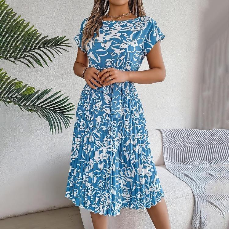 Women High Waist A Line Floral Pleated Long Dress Short Sleeve Spring Summer