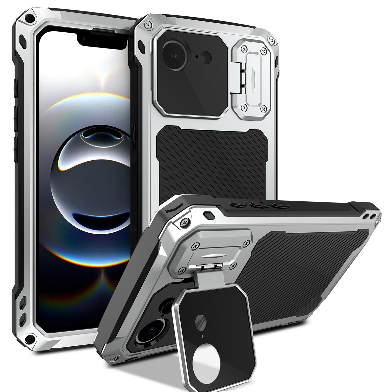 

For iPhone 16e Case Aluminum Alloy+Silicone Lens Kickstand Phone Cover with Tempered Glass Film Silver
