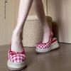 Retro Red Mary Jane Single Shoes Women's 2025 New Summer Plaid Wedge Head Sandals High Heel Half Slippers
