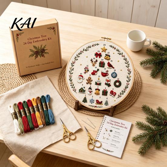DIY Decorative Hanging Ornaments 24 Days Christmas Tree Embroidery Kit, Sewing Kit for Beginners, Holiday Handmade Countdown Gift Idea Material