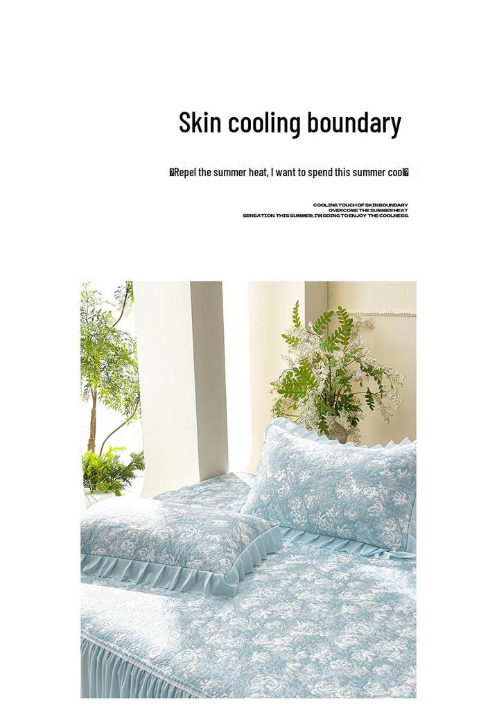 Princess Style Cooling Bed Skirt Set with Ruffled Lace Bedspread - Ice Silk Bean Mat for Summer