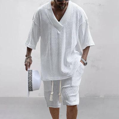 Sommer Casual Shorts Set Gestrickte Zweiteilige Herrenbekleidung V-Ausschnitt Kurzarm T-Shirt und Shorts Streetwear Strick-Outfits
