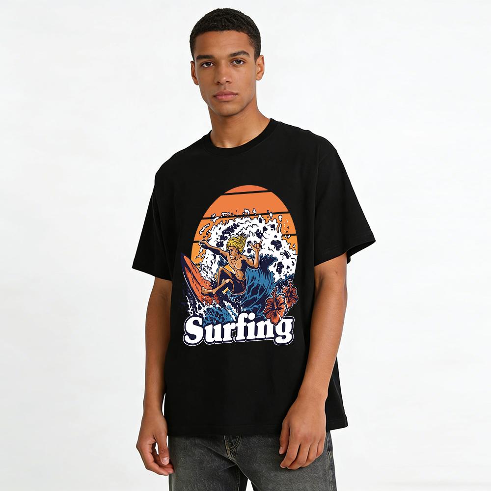 Vintage American Surfing Wave Print Tee Hawaiian Vacation Surf Top Pure Cotton T-shirt