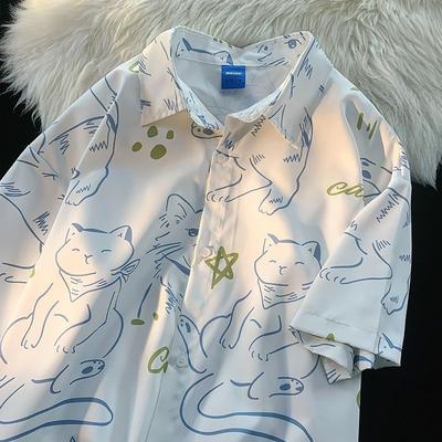 Cat Pattern Short Sleeve Shirt for Woman Harajuku Style Loose Student Casual Shirts Summer New Lapel Single Breasted Top