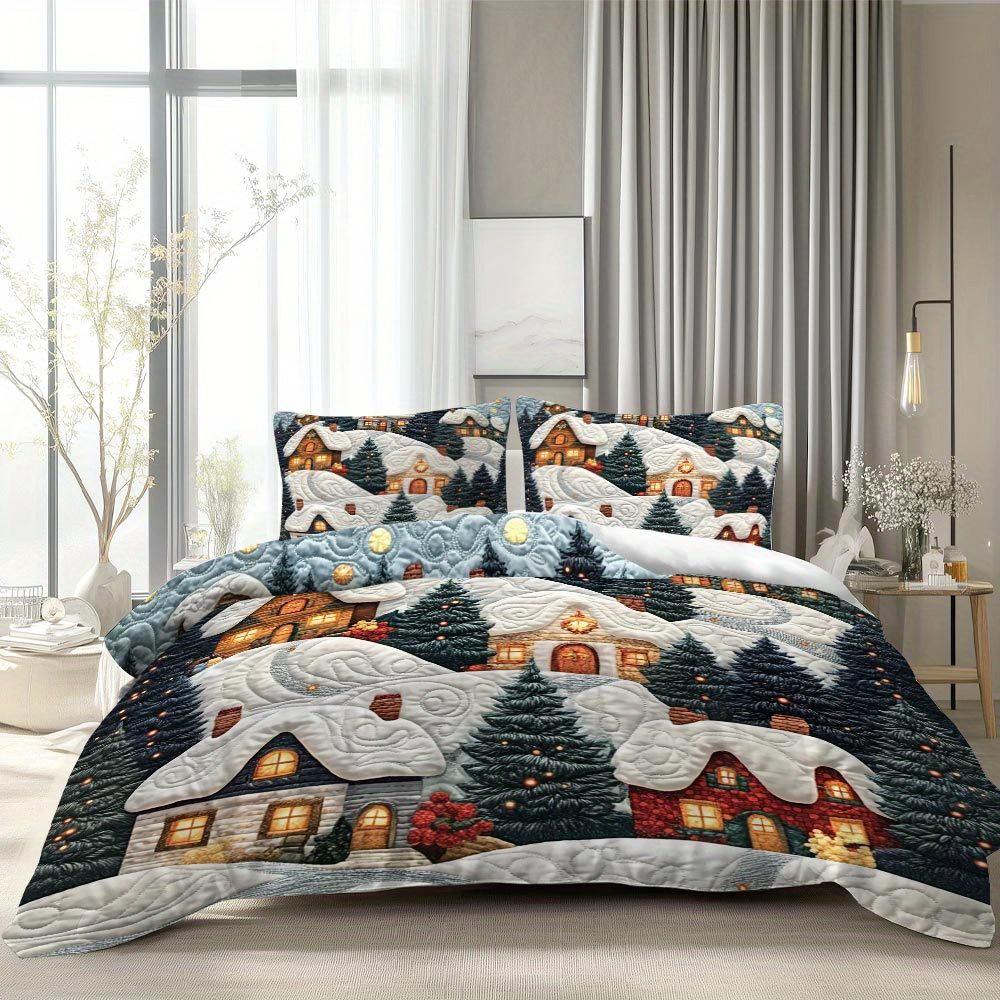 Latacaca 2/3pcs Christmas Themed Duvet Cover Set Snowy Village Bed Cover Set Festive Winter Bedding Set 1 Duvet Cover