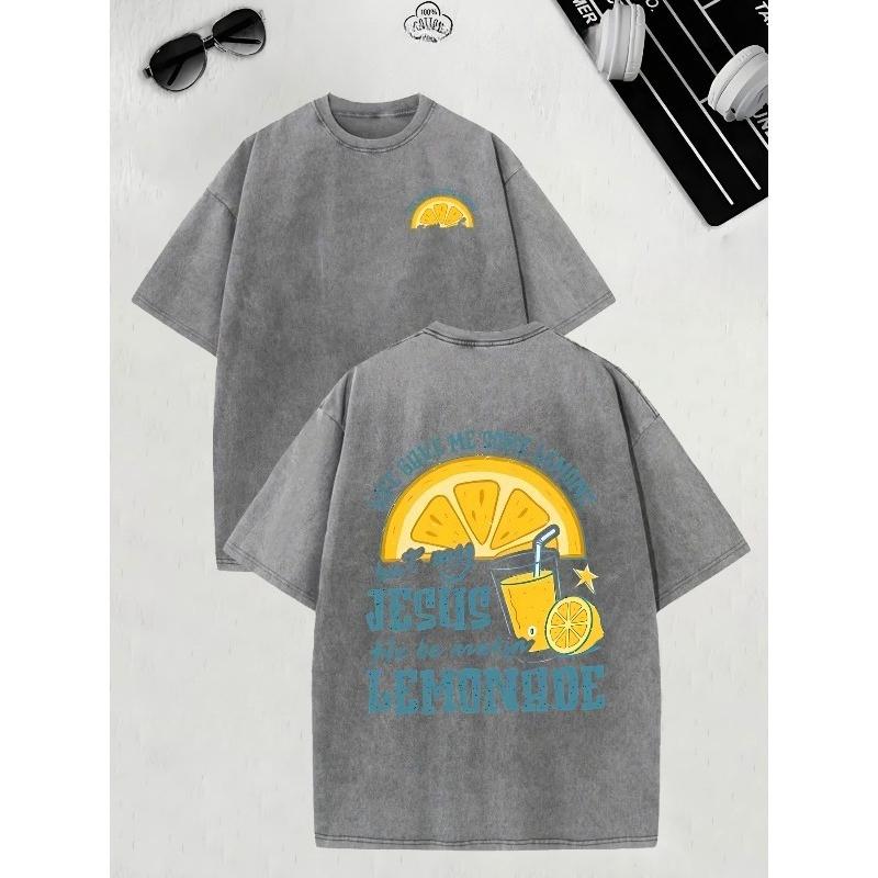Men's Heavyweight Vintage Lemonade Print T-Shirt - Oversized Retro Lemon & Jesus Lemonade Back/ Front Design, Distressed Washed Short Sleeve Tee,