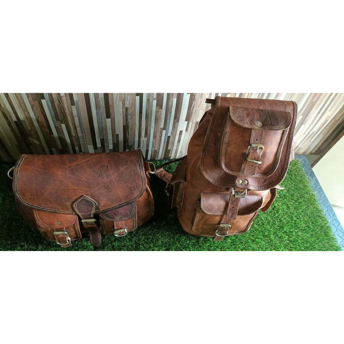 Женский рюкзак с двумя сумками из натуральной винтажной кожи коричневый — фото 6