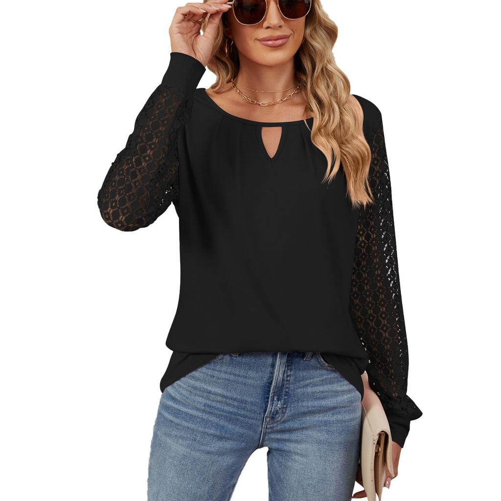 Fall Winter New Women's Solid Color Lace Splicing Loose Long Sleeve T-shirt Top For Cross-border Europe America
