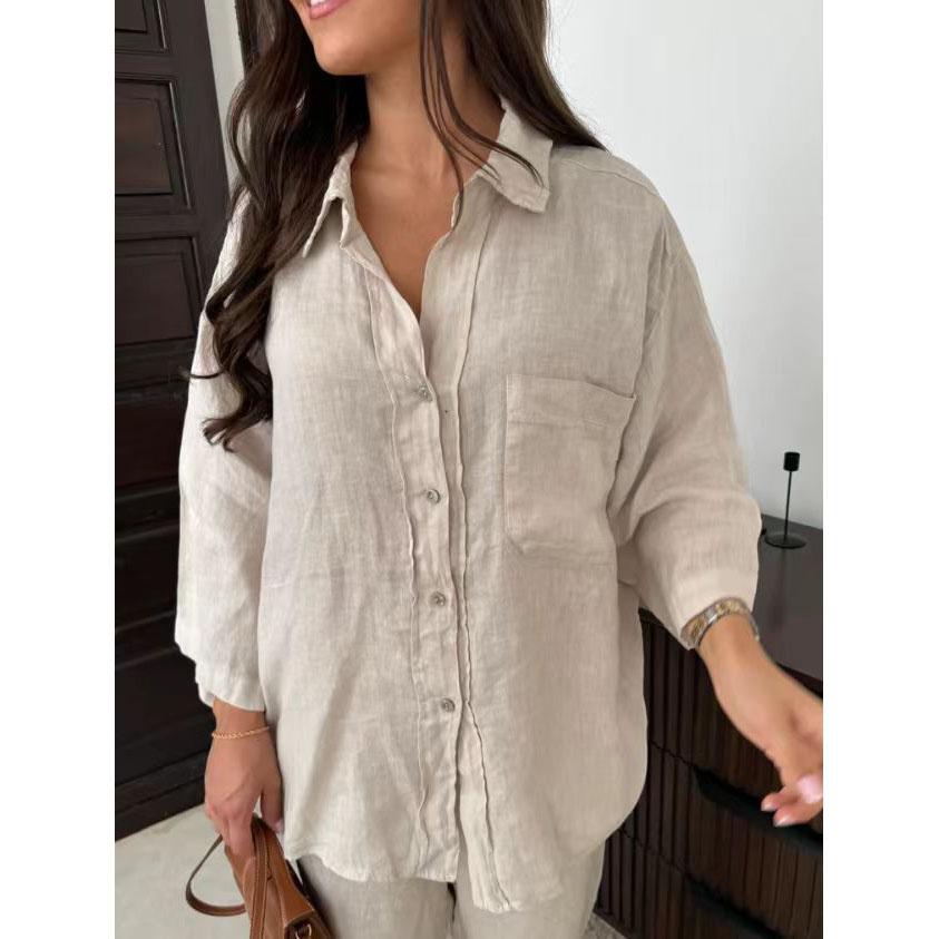 

Женские элегантные комплекты-двойки с лацканами: шикарная рубашка с длинными рукавами и карманом, свободные брюки с широкими штанинами, уличный наряд XS бежевый