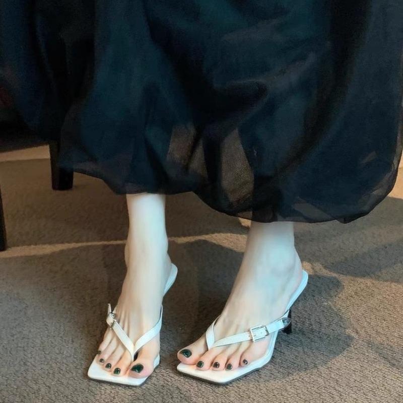 Fashion Women's Stiletto Sandals Summer New Style Square Head Clip Toe Metal Buckle Anti-slip Wear-resistant Flip-flops