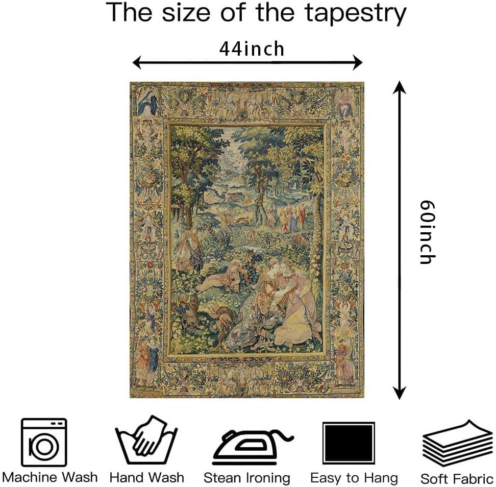 Medieval Forest Tapestry, Vintage Wall Hanging with Renaissance Style Court Scene In Lush Greenery, for Bedroom Decor
