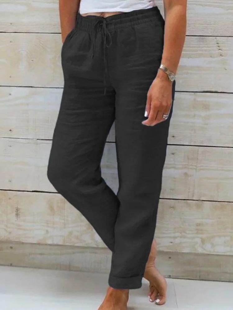 Women's Summer Elastic Waist Pocket Wide Leg Trousers Nine Points Pants