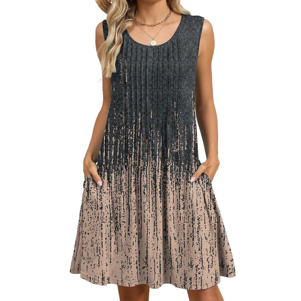 Damen Sommer Neues bedrucktes Tanktop Lockeres Kleid mit Tasche