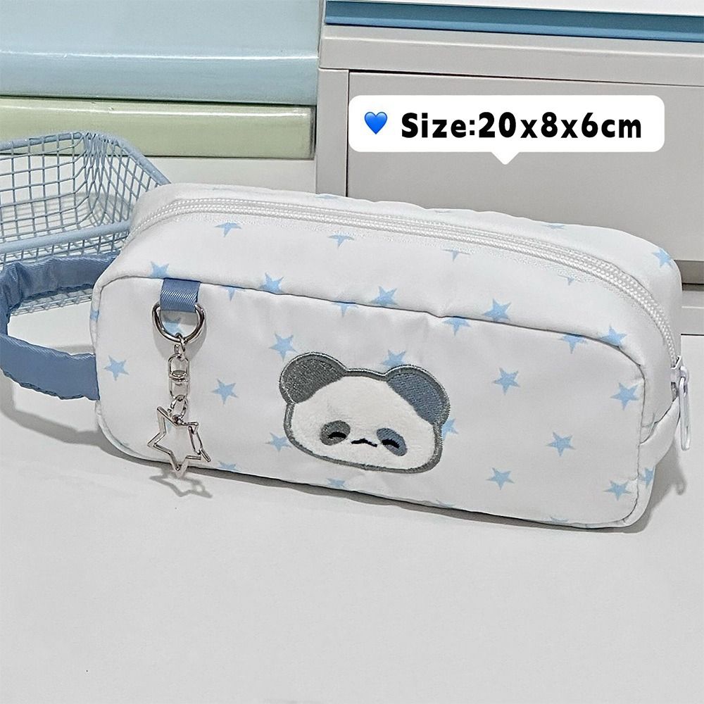 Durable White Pen Bag Large Capacity Star Panda Pattern Pencil Case Handheld Portable Stationery Storing Bag Students