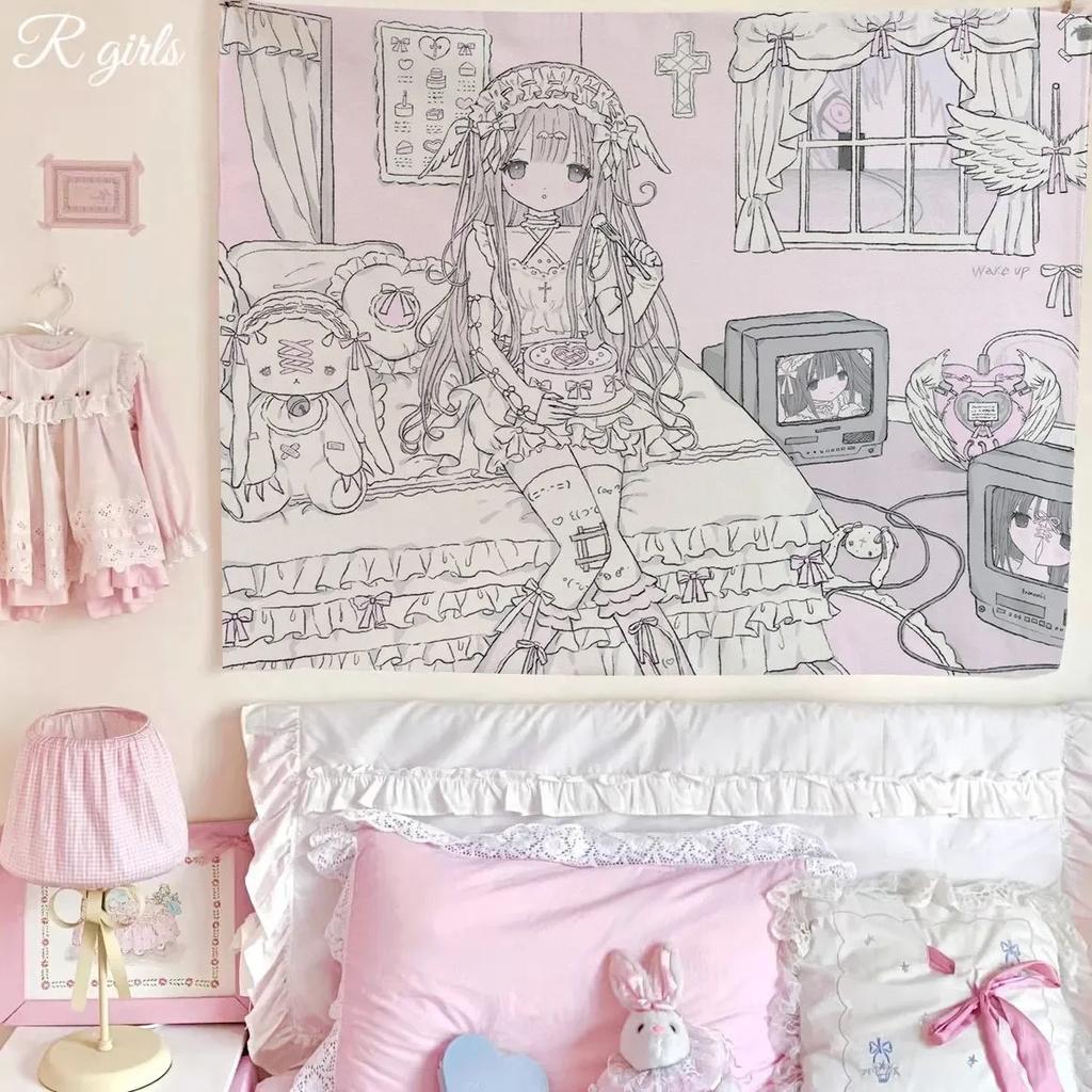 Kawaii Pastel Goth Anime Girl Tapestry Cute Lolita Angel Neko Print Wall Hanging for Teen Girl Bedroom Dorm Decor