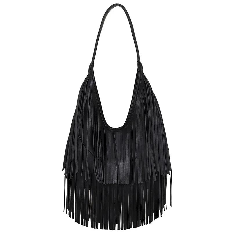 

Fashion Long Tassels Shoulder Bags for ladies handbag Soft PU leather casual hobos armpit bag female Tote bolsos silver